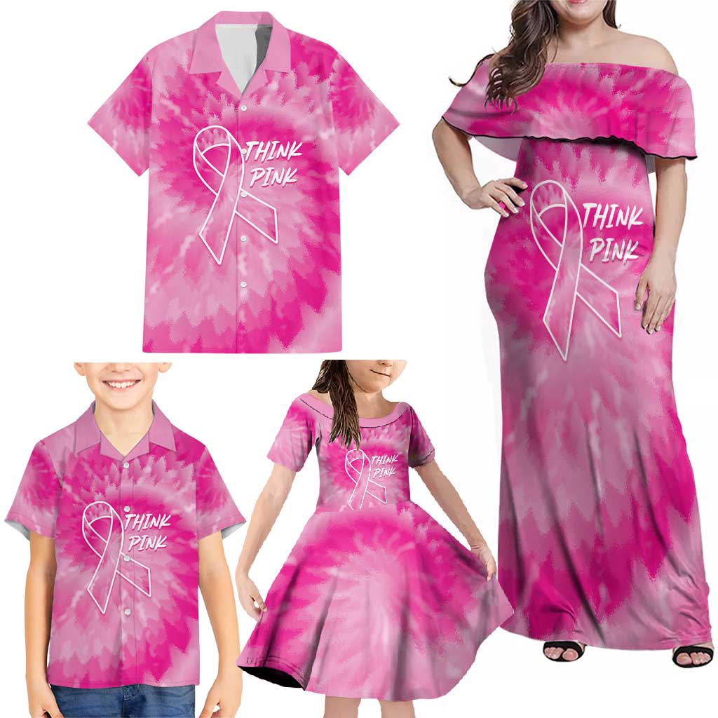 Personalized Breast Cancer Awareness Family Matching Off Shoulder Maxi Dress and Hawaiian Shirt Think Pink Tie Dye Ribbon - Wonder Print Shop