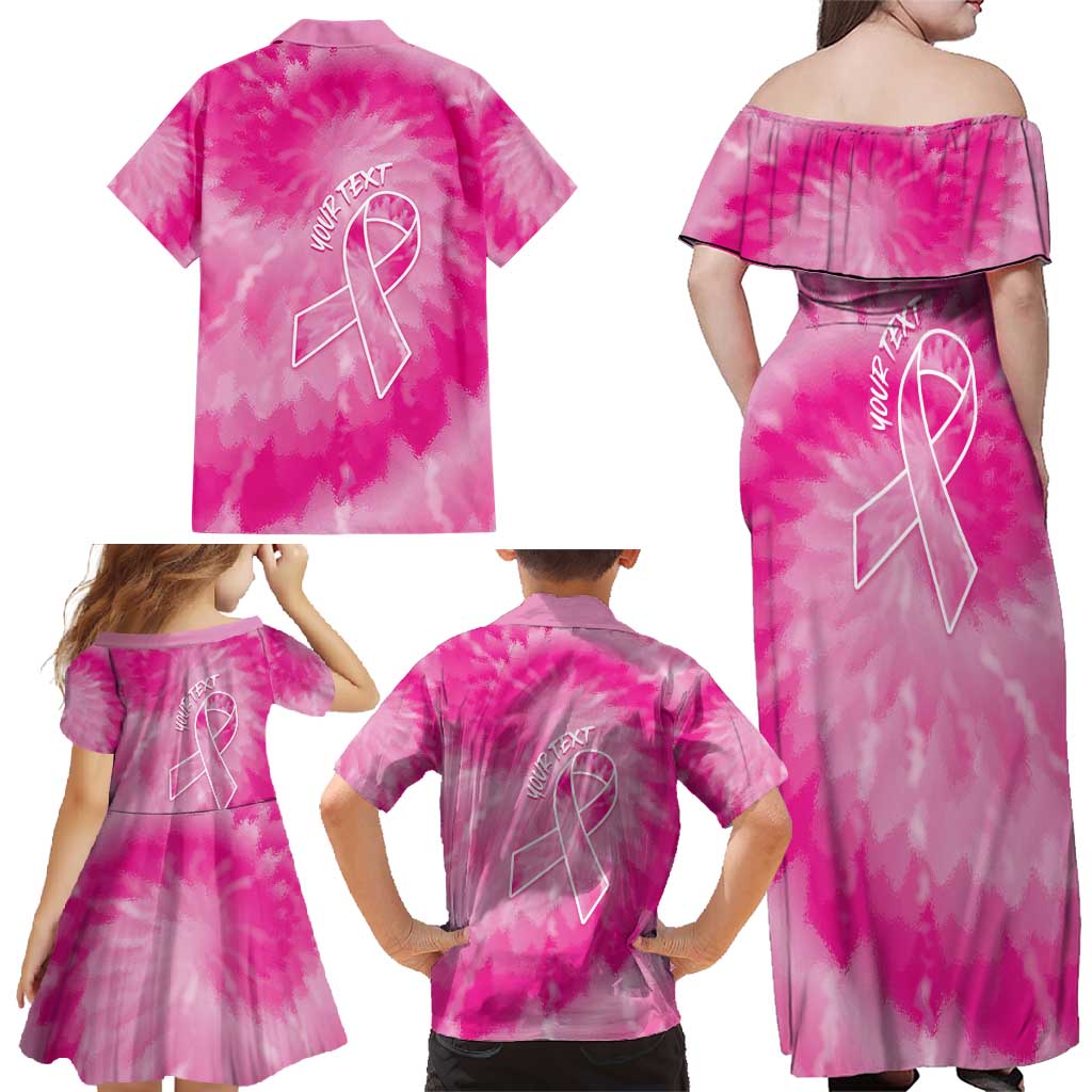 Personalized Breast Cancer Awareness Family Matching Off Shoulder Maxi Dress and Hawaiian Shirt Think Pink Tie Dye Ribbon - Wonder Print Shop