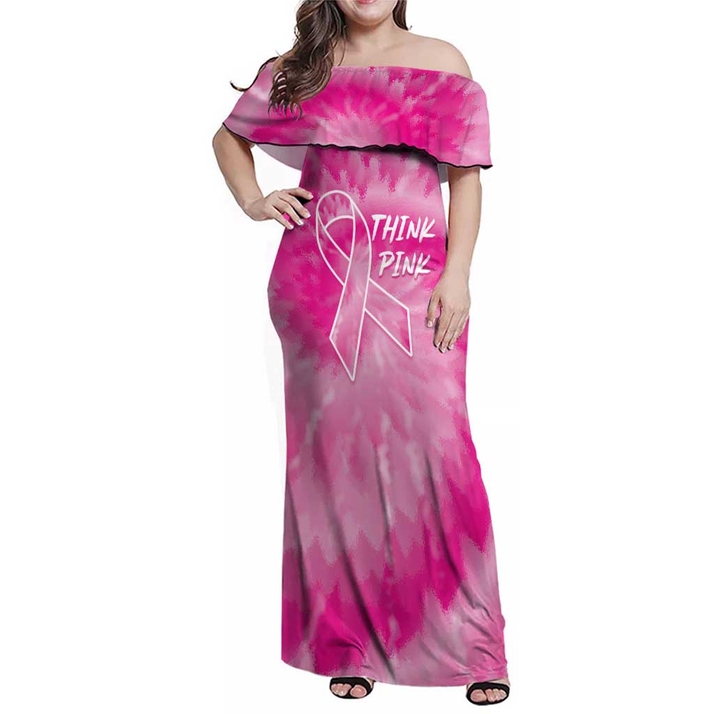 Personalized Breast Cancer Awareness Family Matching Off Shoulder Maxi Dress and Hawaiian Shirt Think Pink Tie Dye Ribbon - Wonder Print Shop