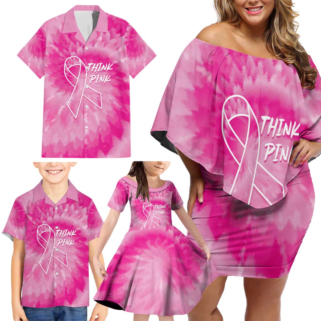 Personalized Breast Cancer Awareness Family Matching Off Shoulder Short Dress and Hawaiian Shirt Think Pink Tie Dye Ribbon - Wonder Print Shop