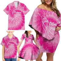 Personalized Breast Cancer Awareness Family Matching Off Shoulder Short Dress and Hawaiian Shirt Think Pink Tie Dye Ribbon - Wonder Print Shop