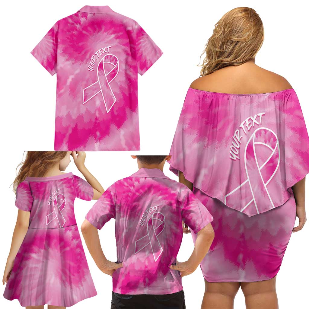 Personalized Breast Cancer Awareness Family Matching Off Shoulder Short Dress and Hawaiian Shirt Think Pink Tie Dye Ribbon - Wonder Print Shop