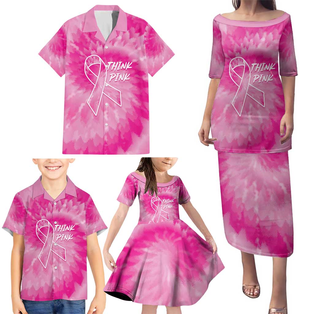 Personalized Breast Cancer Awareness Family Matching Puletasi and Hawaiian Shirt Think Pink Tie Dye Ribbon - Wonder Print Shop