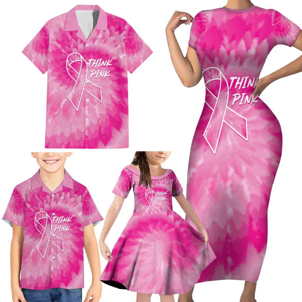 Personalized Breast Cancer Awareness Family Matching Short Sleeve Bodycon Dress and Hawaiian Shirt Think Pink Tie Dye Ribbon - Wonder Print Shop