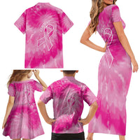 Personalized Breast Cancer Awareness Family Matching Short Sleeve Bodycon Dress and Hawaiian Shirt Think Pink Tie Dye Ribbon - Wonder Print Shop