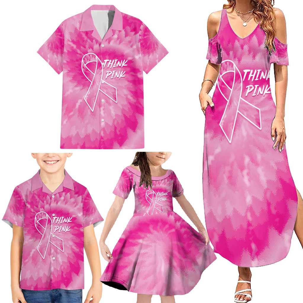 Personalized Breast Cancer Awareness Family Matching Summer Maxi Dress and Hawaiian Shirt Think Pink Tie Dye Ribbon - Wonder Print Shop
