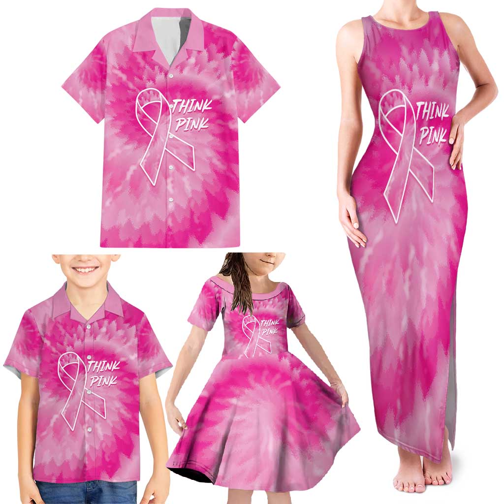 Personalized Breast Cancer Awareness Family Matching Tank Maxi Dress and Hawaiian Shirt Think Pink Tie Dye Ribbon - Wonder Print Shop