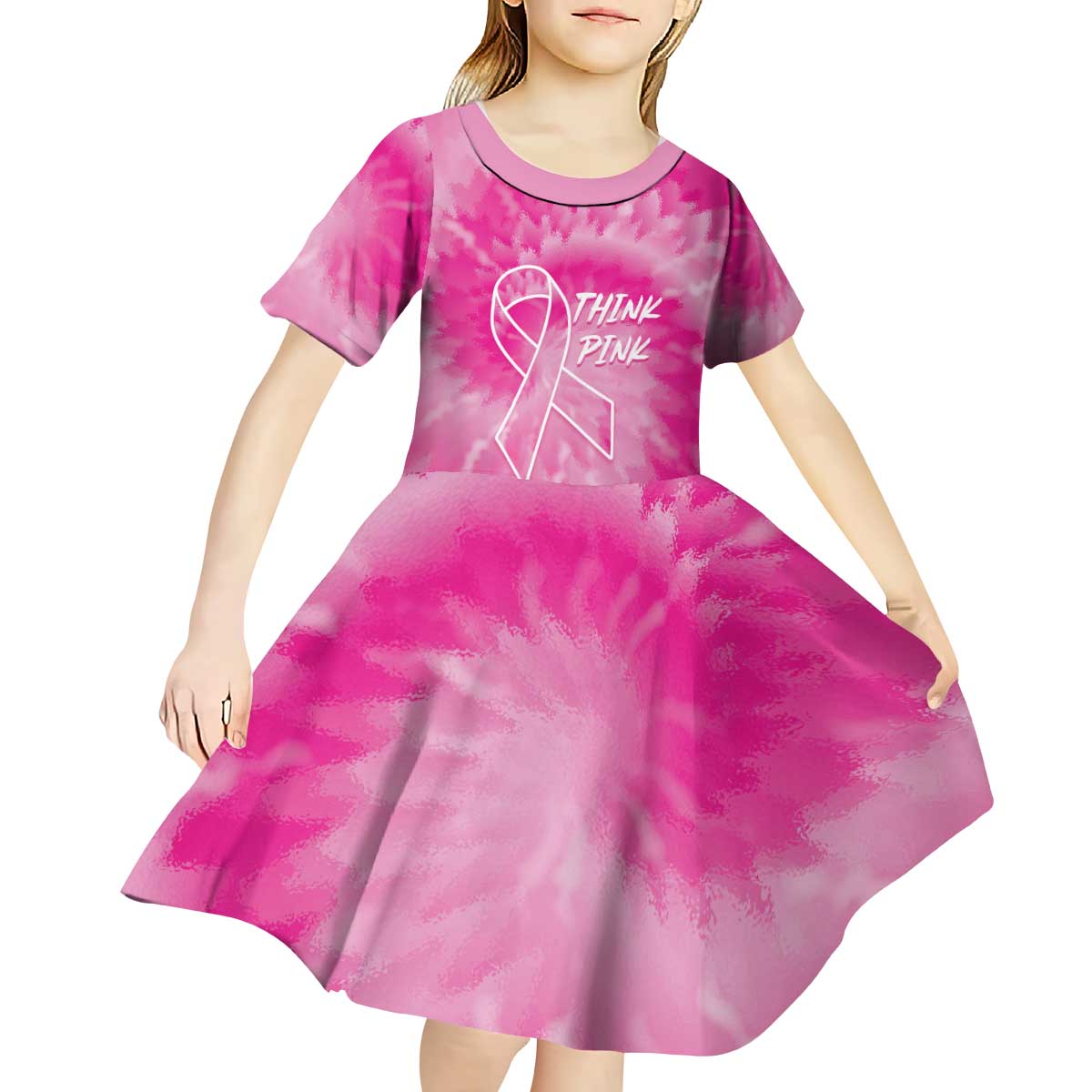 Personalized Breast Cancer Awareness Kid Short Sleeve Dress Think Pink Tie Dye Ribbon - Wonder Print Shop