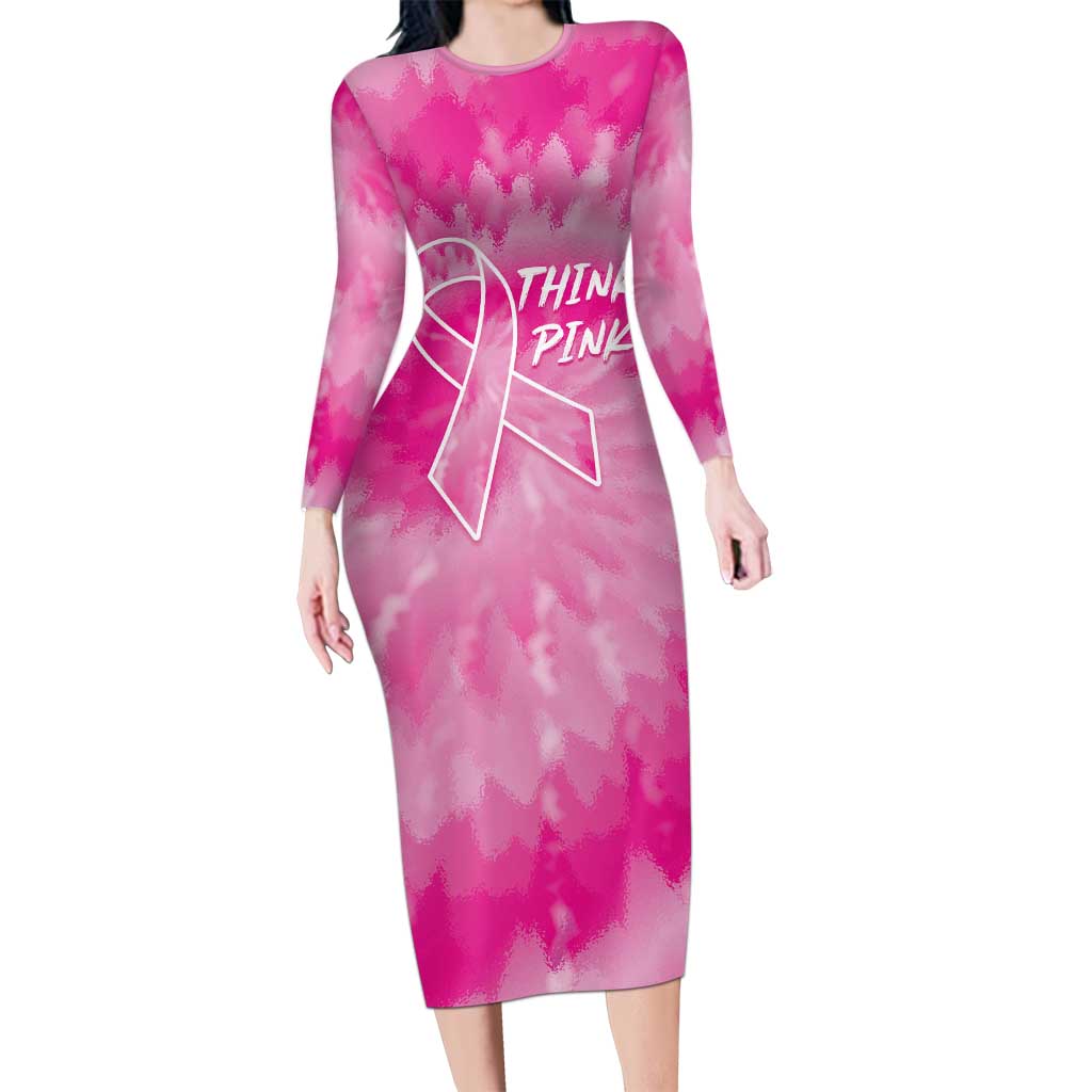 Personalized Breast Cancer Awareness Long Sleeve Bodycon Dress Think Pink Tie Dye Ribbon - Wonder Print Shop