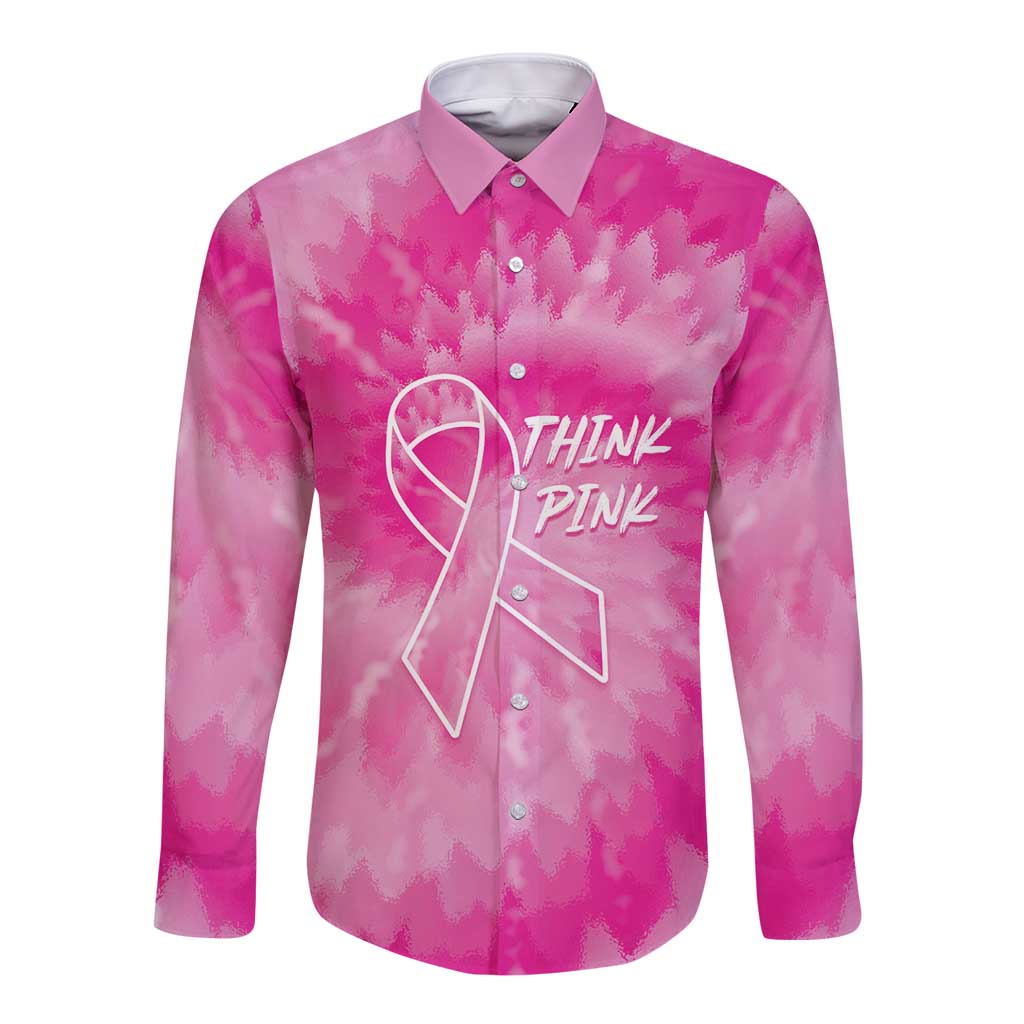 Personalized Breast Cancer Awareness Long Sleeve Button Shirt Think Pink Tie Dye Ribbon - Wonder Print Shop