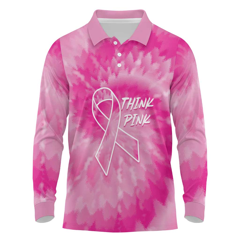 Personalized Breast Cancer Awareness Long Sleeve Polo Shirt Think Pink Tie Dye Ribbon - Wonder Print Shop