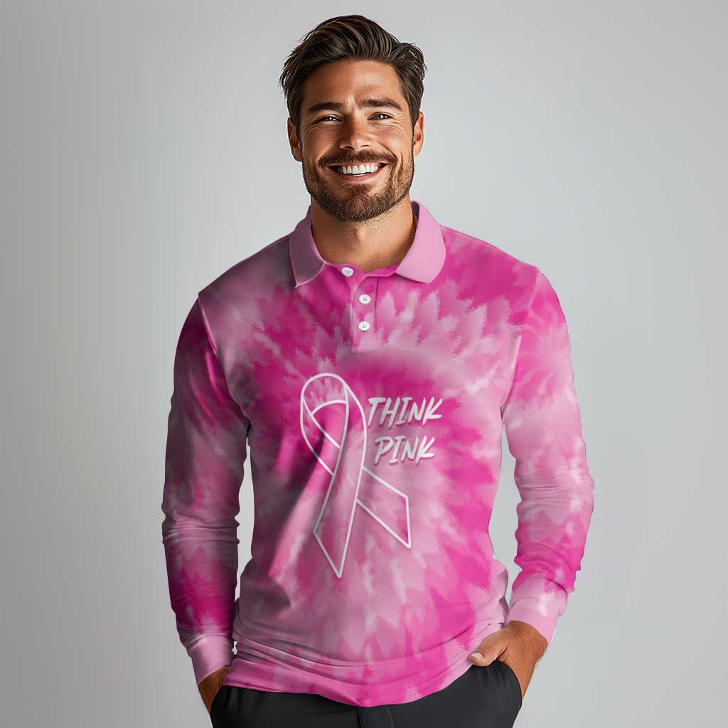 Personalized Breast Cancer Awareness Long Sleeve Polo Shirt Think Pink Tie Dye Ribbon - Wonder Print Shop