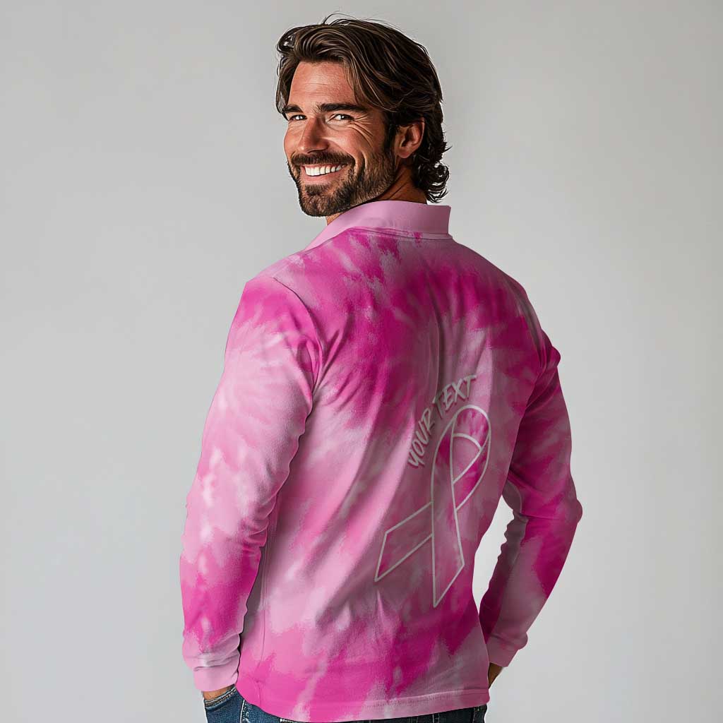 Personalized Breast Cancer Awareness Long Sleeve Polo Shirt Think Pink Tie Dye Ribbon - Wonder Print Shop