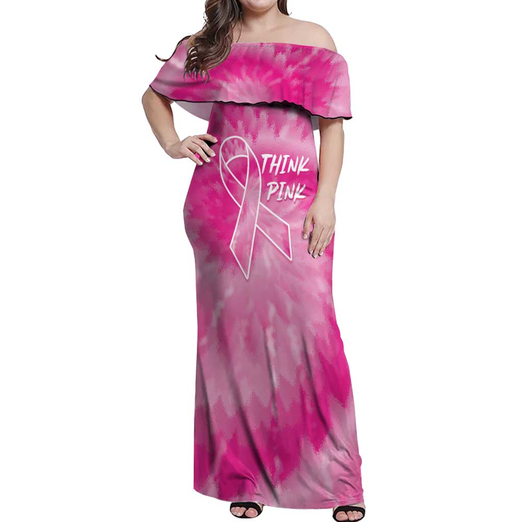 Personalized Breast Cancer Awareness Off Shoulder Maxi Dress Think Pink Tie Dye Ribbon - Wonder Print Shop