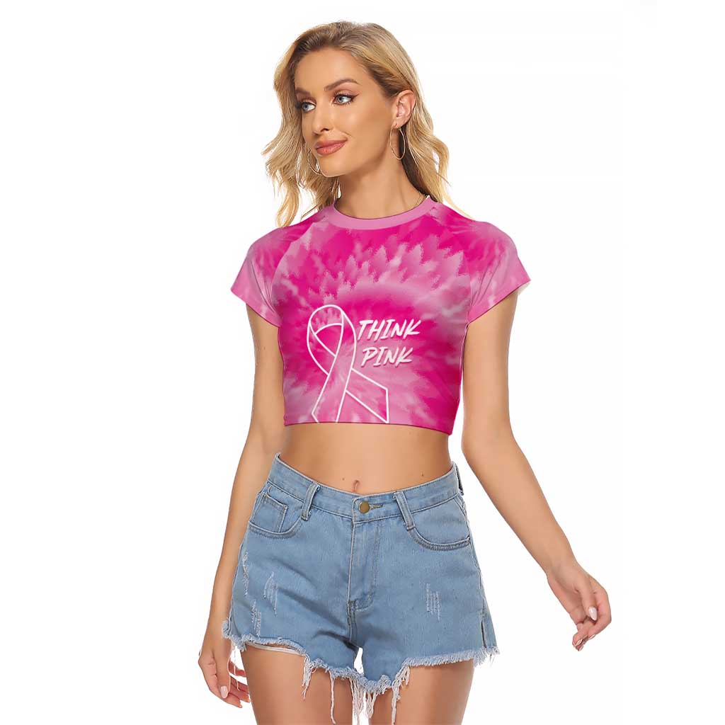 Personalized Breast Cancer Awareness Raglan Cropped T Shirt Think Pink Tie Dye Ribbon - Wonder Print Shop