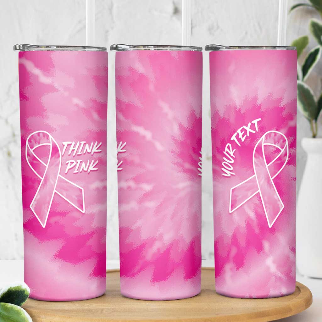 Personalized Breast Cancer Awareness Skinny Tumbler Think Pink Tie Dye Ribbon - Wonder Print Shop