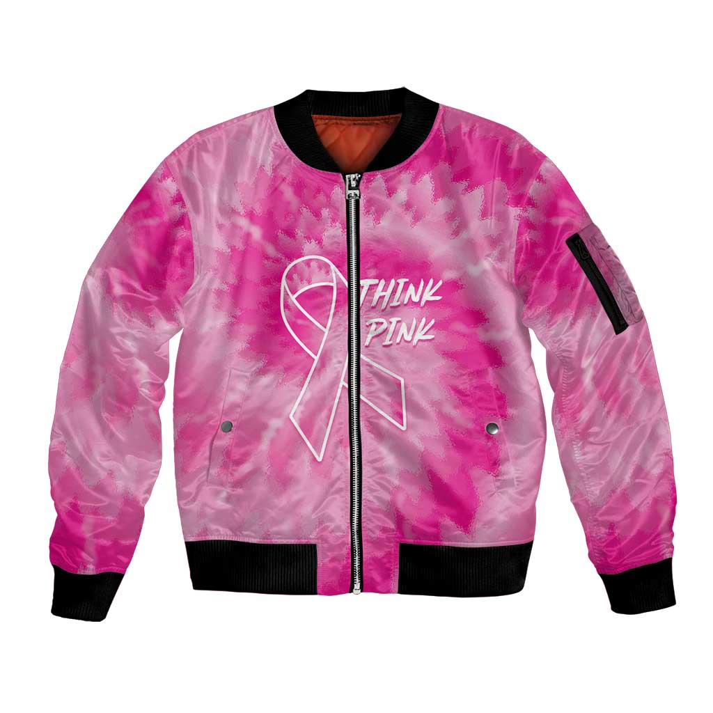 Personalized Breast Cancer Awareness Sleeve Zip Bomber Jacket Think Pink Tie Dye Ribbon - Wonder Print Shop