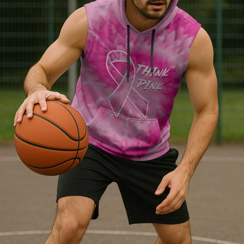 Breast Cancer Awareness Sleeveless Hoodie Think Pink Tie Dye Ribbon - Wonder Print Shop