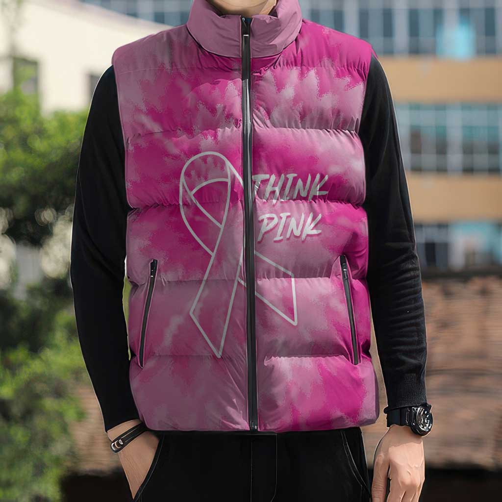 Breast Cancer Awareness Sleeveless Puffer Jacket Think Pink Tie Dye Ribbon - Wonder Print Shop