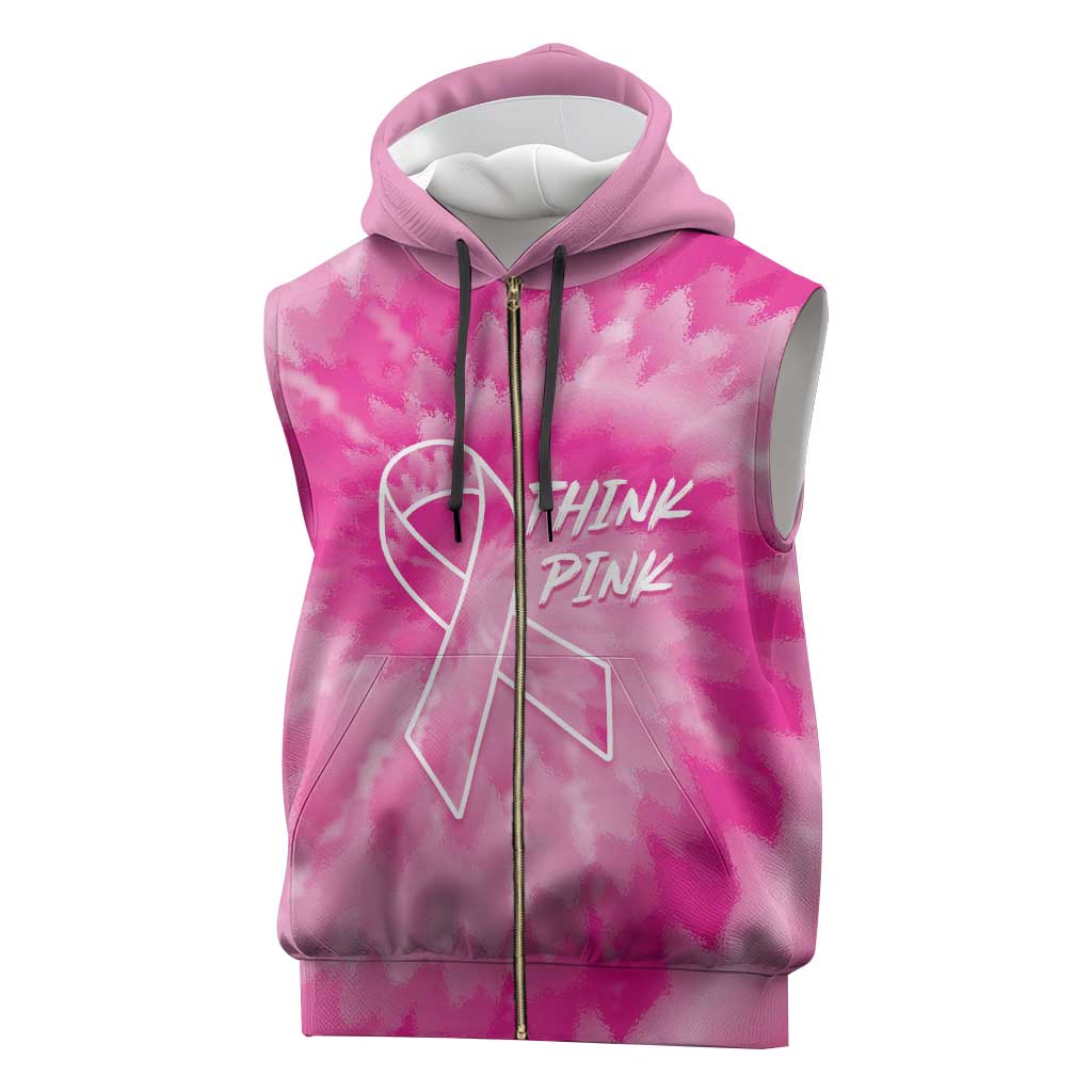 Breast Cancer Awareness Sleeveless Zip Hoodie Think Pink Tie Dye Ribbon - Wonder Print Shop
