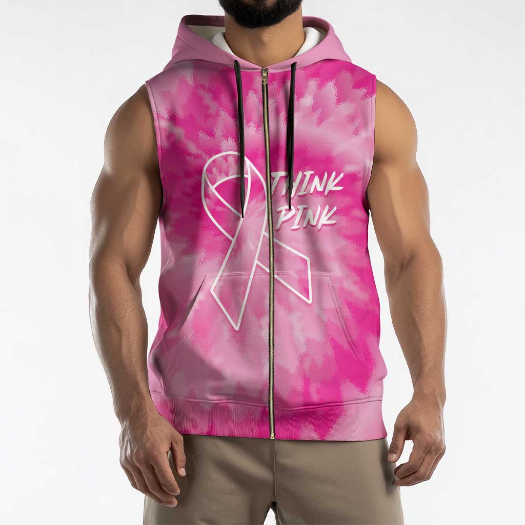 Breast Cancer Awareness Sleeveless Zip Hoodie Think Pink Tie Dye Ribbon - Wonder Print Shop