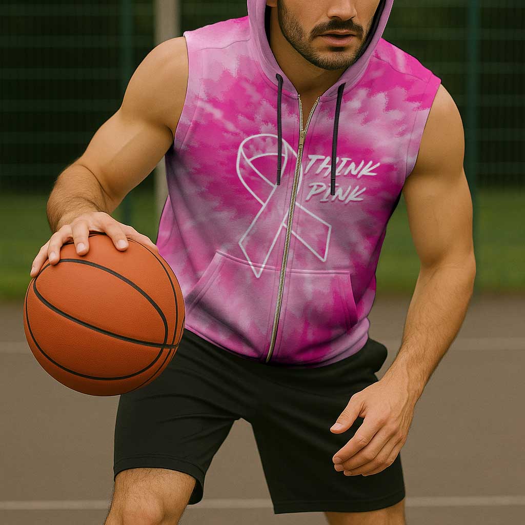 Breast Cancer Awareness Sleeveless Zip Hoodie Think Pink Tie Dye Ribbon - Wonder Print Shop