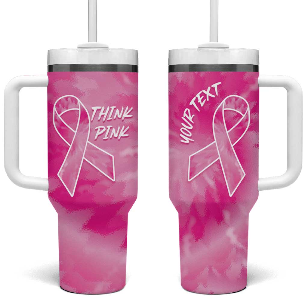 Personalized Breast Cancer Awareness Tumbler With Handle Think Pink Tie Dye Ribbon - Wonder Print Shop