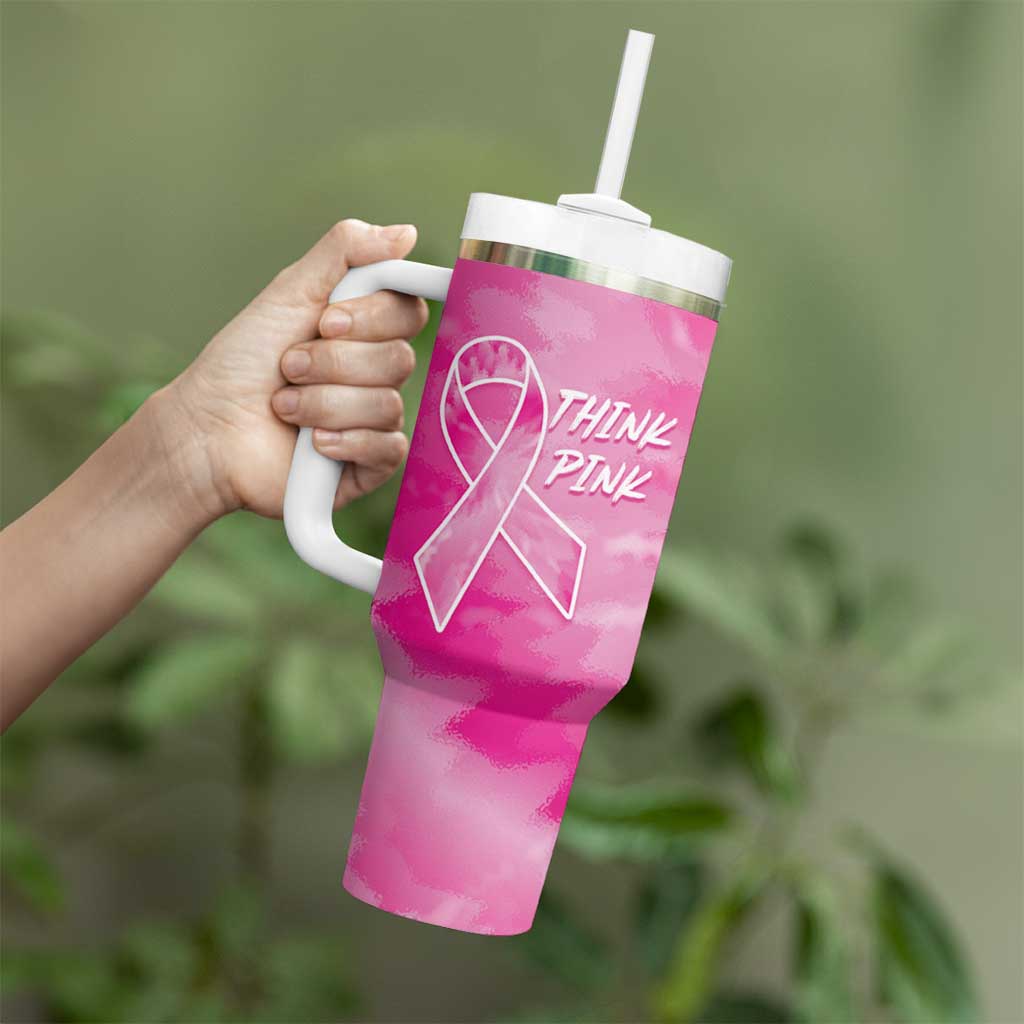 Personalized Breast Cancer Awareness Tumbler With Handle Think Pink Tie Dye Ribbon - Wonder Print Shop
