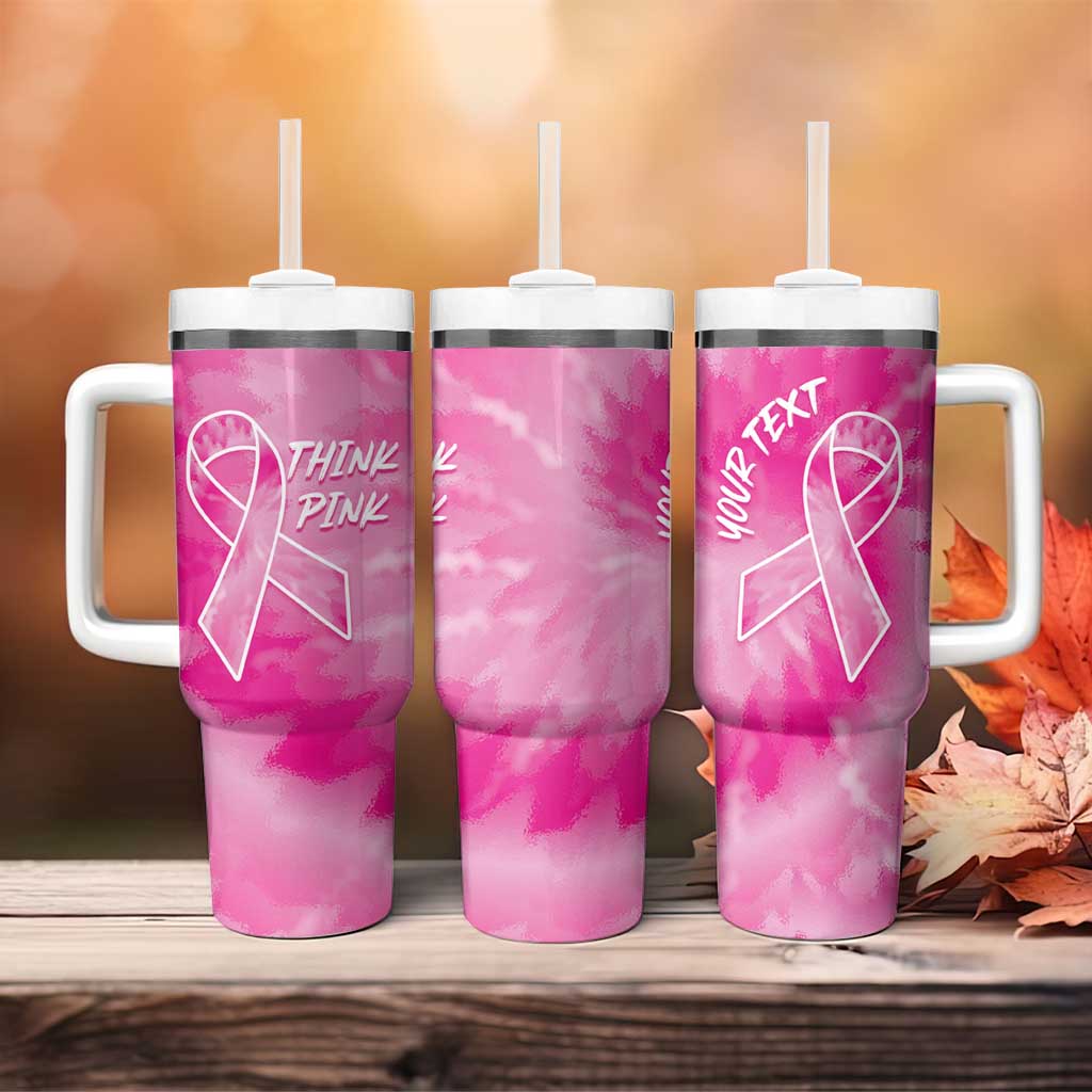 Personalized Breast Cancer Awareness Tumbler With Handle Think Pink Tie Dye Ribbon - Wonder Print Shop