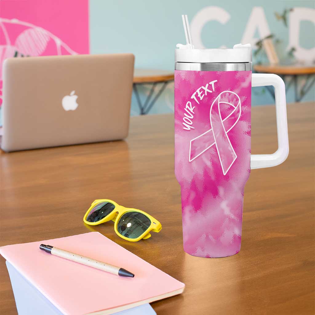 Personalized Breast Cancer Awareness Tumbler With Handle Think Pink Tie Dye Ribbon - Wonder Print Shop