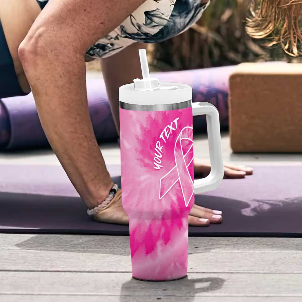 Personalized Breast Cancer Awareness Tumbler With Handle Think Pink Tie Dye Ribbon - Wonder Print Shop