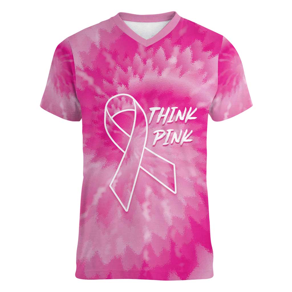 Personalized Breast Cancer Awareness Women V-Neck T-Shirt Think Pink Tie Dye Ribbon - Wonder Print Shop