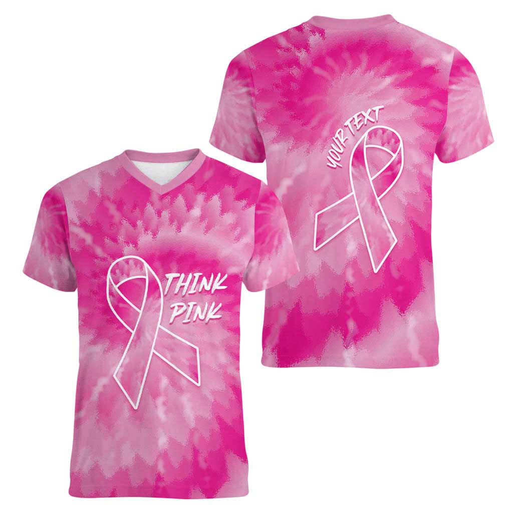 Personalized Breast Cancer Awareness Women V-Neck T-Shirt Think Pink Tie Dye Ribbon - Wonder Print Shop