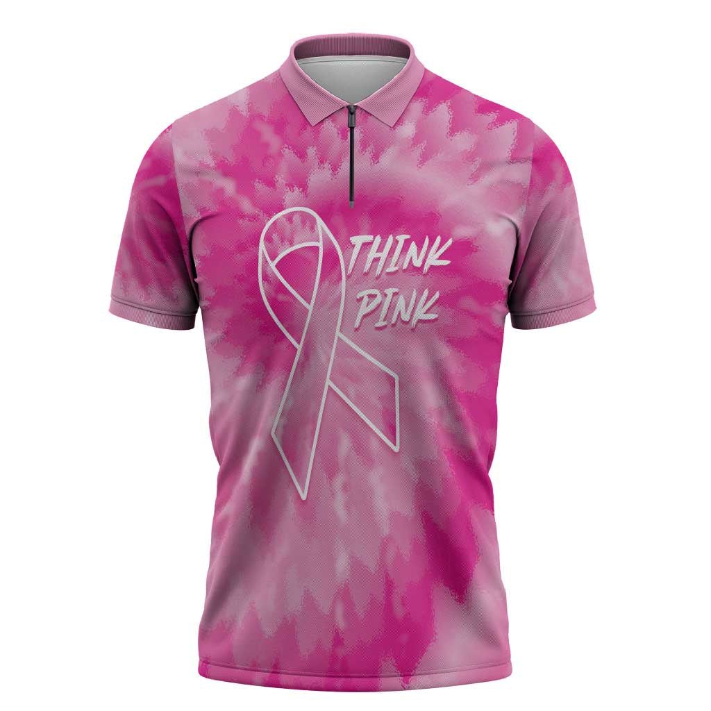 Breast Cancer Awareness Zipper Polo Shirt Think Pink Tie Dye Ribbon - Wonder Print Shop