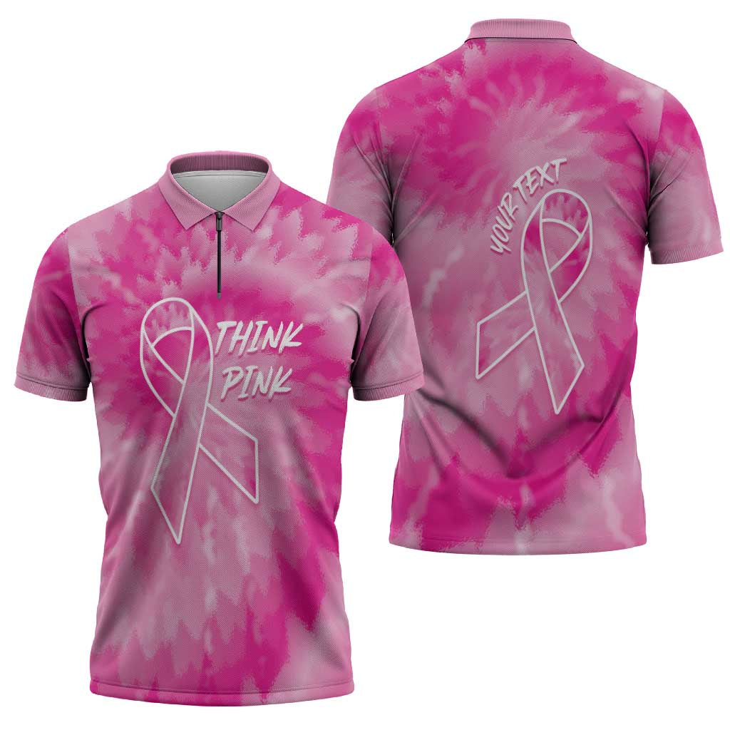Breast Cancer Awareness Zipper Polo Shirt Think Pink Tie Dye Ribbon - Wonder Print Shop