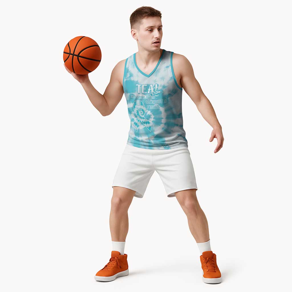Teal Ribbon Cervical Cancer Awareness Basketball Jersey Not Going Down Without A Fight Tie Dye - Wonder Print Shop