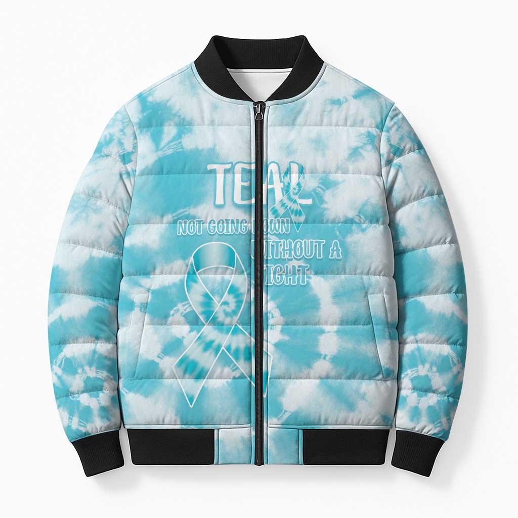 Teal Ribbon Cervical Cancer Awareness Bomber Puffer Jacket Not Going Down Without A Fight Tie Dye - Wonder Print Shop