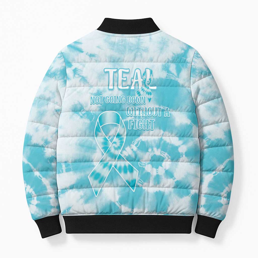 Teal Ribbon Cervical Cancer Awareness Bomber Puffer Jacket Not Going Down Without A Fight Tie Dye - Wonder Print Shop