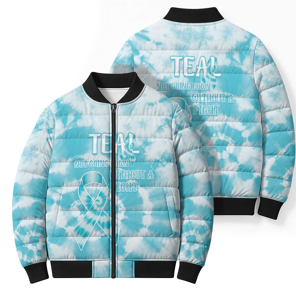 Teal Ribbon Cervical Cancer Awareness Bomber Puffer Jacket Not Going Down Without A Fight Tie Dye - Wonder Print Shop