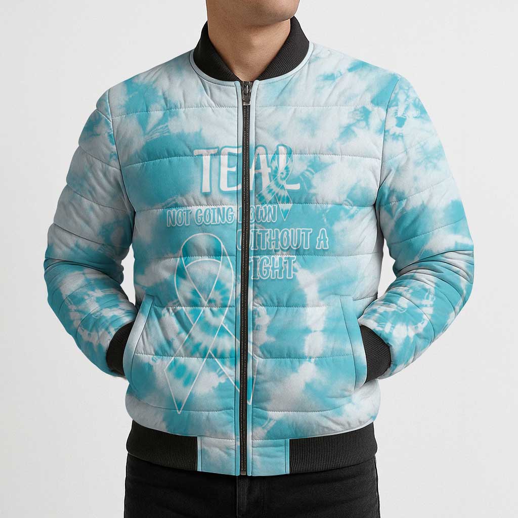 Teal Ribbon Cervical Cancer Awareness Bomber Puffer Jacket Not Going Down Without A Fight Tie Dye - Wonder Print Shop
