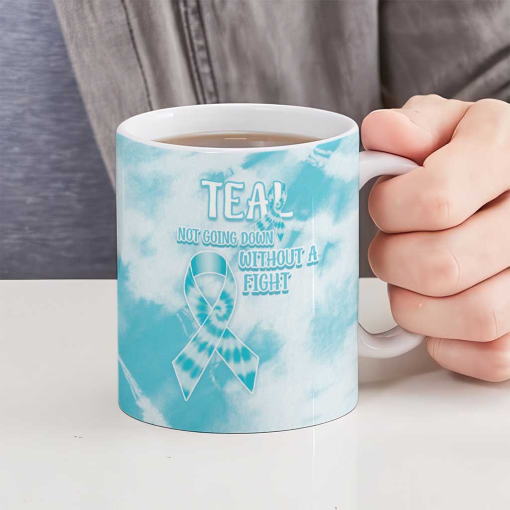 Teal Ribbon Cervical Cancer Awareness Ceramic Mug Not Going Down Without A Fight Tie Dye - Wonder Print Shop
