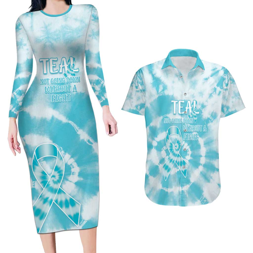 Teal Ribbon Cervical Cancer Awareness Couples Matching Long Sleeve Bodycon Dress and Hawaiian Shirt Not Going Down Without A Fight Tie Dye - Wonder Print Shop