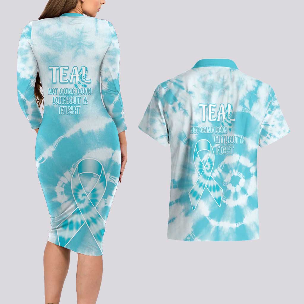 Teal Ribbon Cervical Cancer Awareness Couples Matching Long Sleeve Bodycon Dress and Hawaiian Shirt Not Going Down Without A Fight Tie Dye - Wonder Print Shop