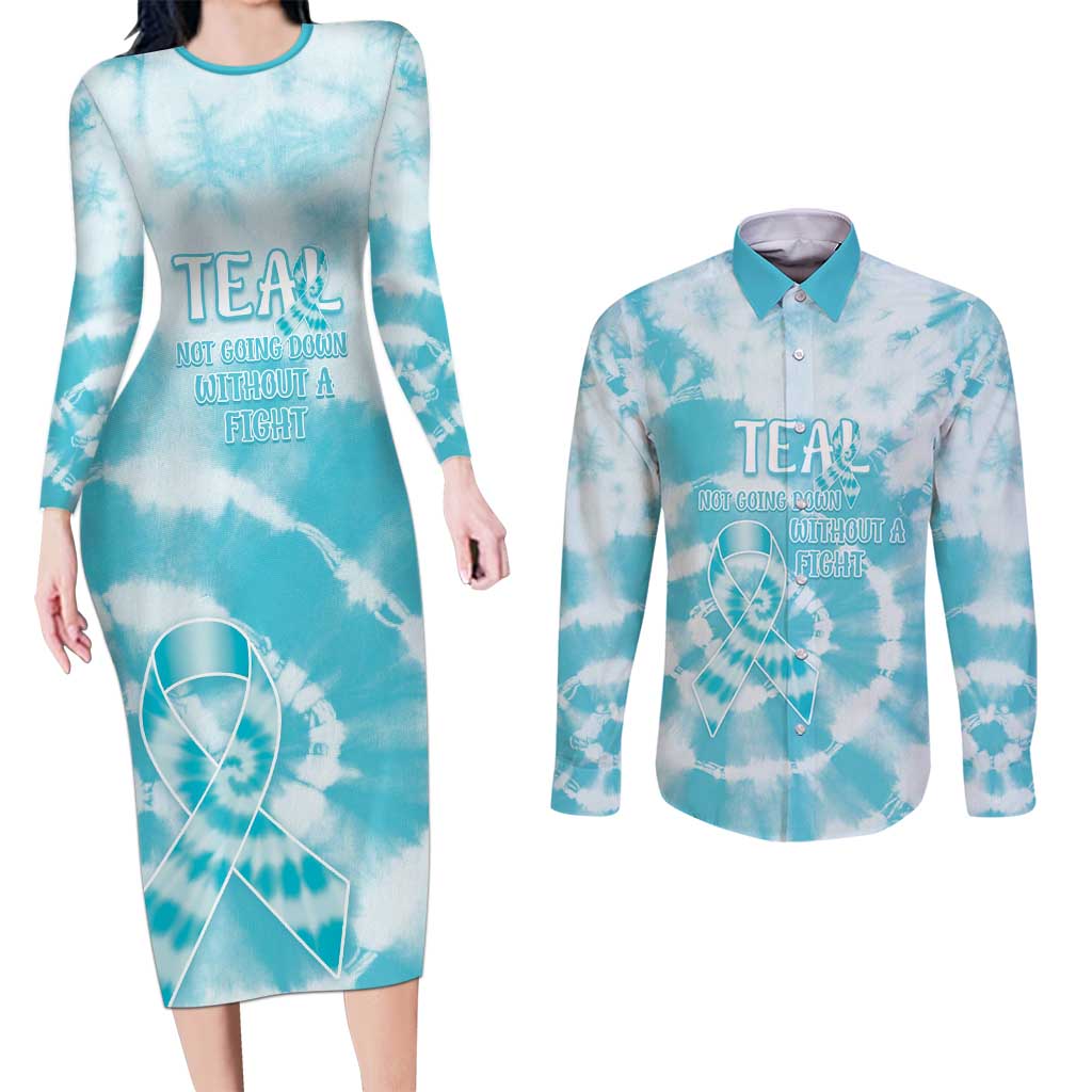 Teal Ribbon Cervical Cancer Awareness Couples Matching Long Sleeve Bodycon Dress and Long Sleeve Button Shirt Not Going Down Without A Fight Tie Dye - Wonder Print Shop