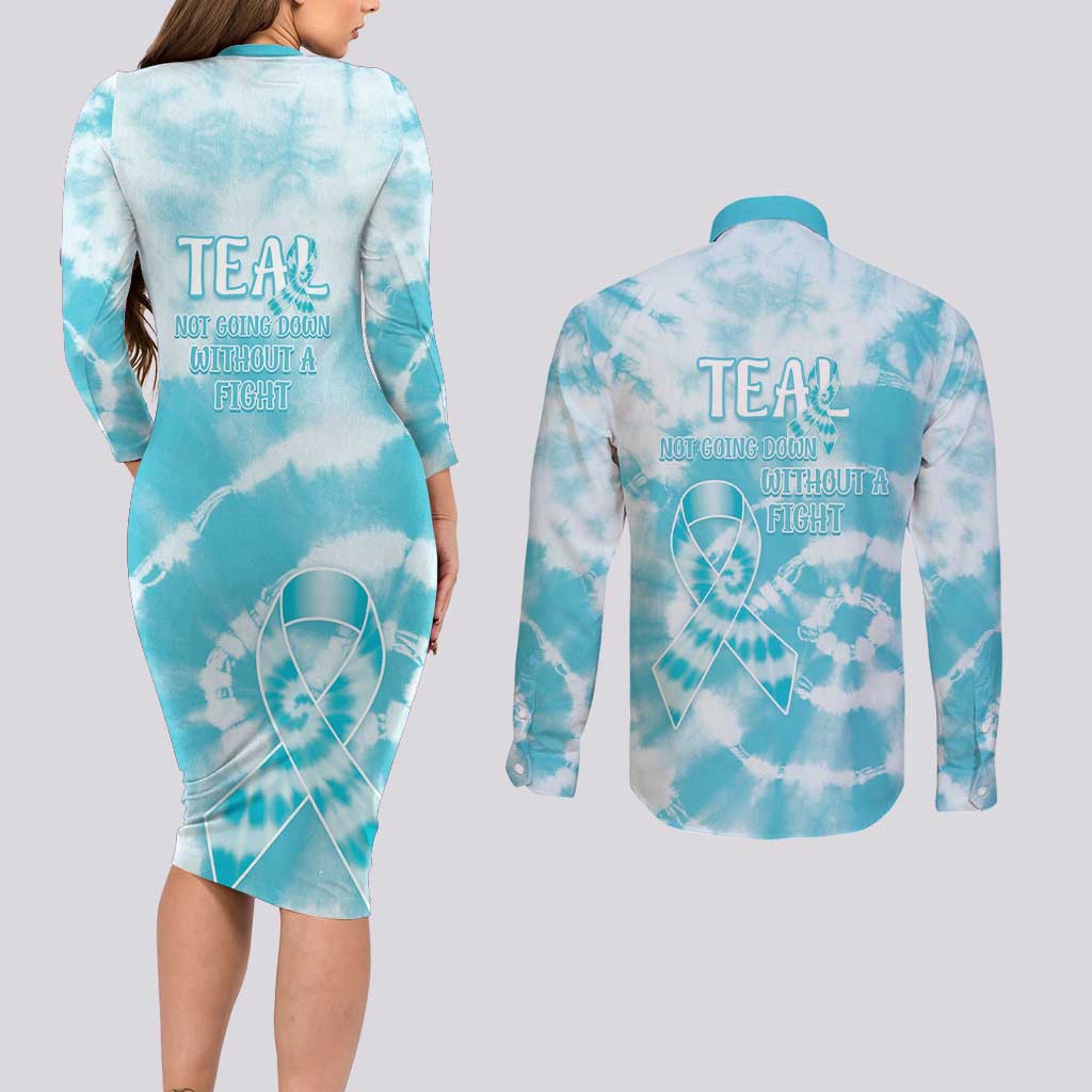 Teal Ribbon Cervical Cancer Awareness Couples Matching Long Sleeve Bodycon Dress and Long Sleeve Button Shirt Not Going Down Without A Fight Tie Dye - Wonder Print Shop