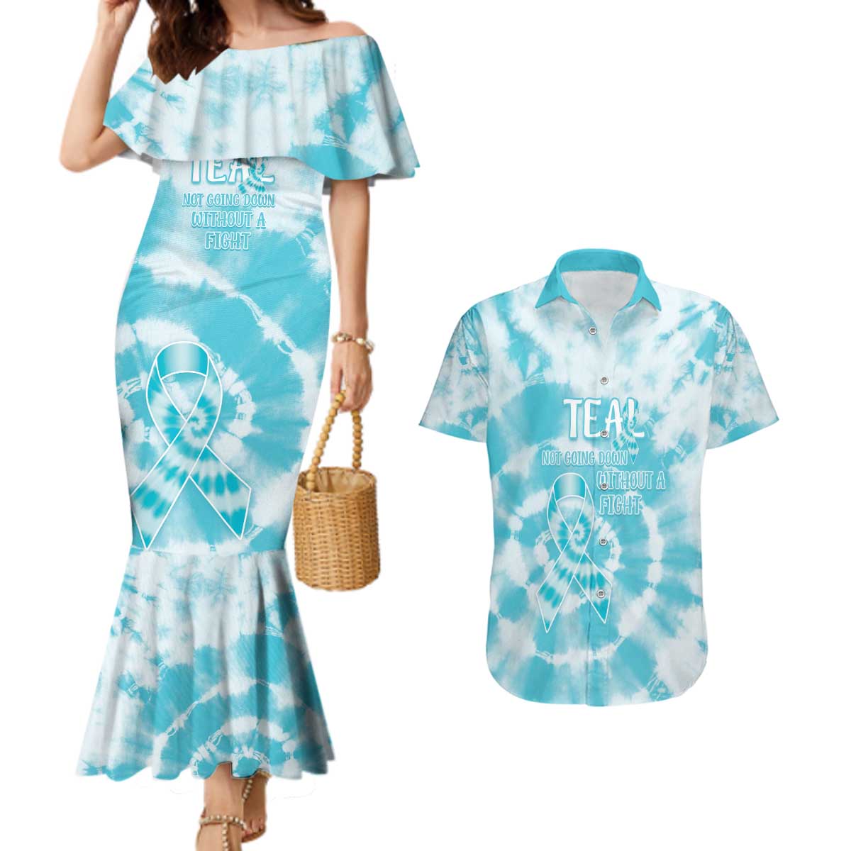 Teal Ribbon Cervical Cancer Awareness Couples Matching Mermaid Dress and Hawaiian Shirt Not Going Down Without A Fight Tie Dye - Wonder Print Shop