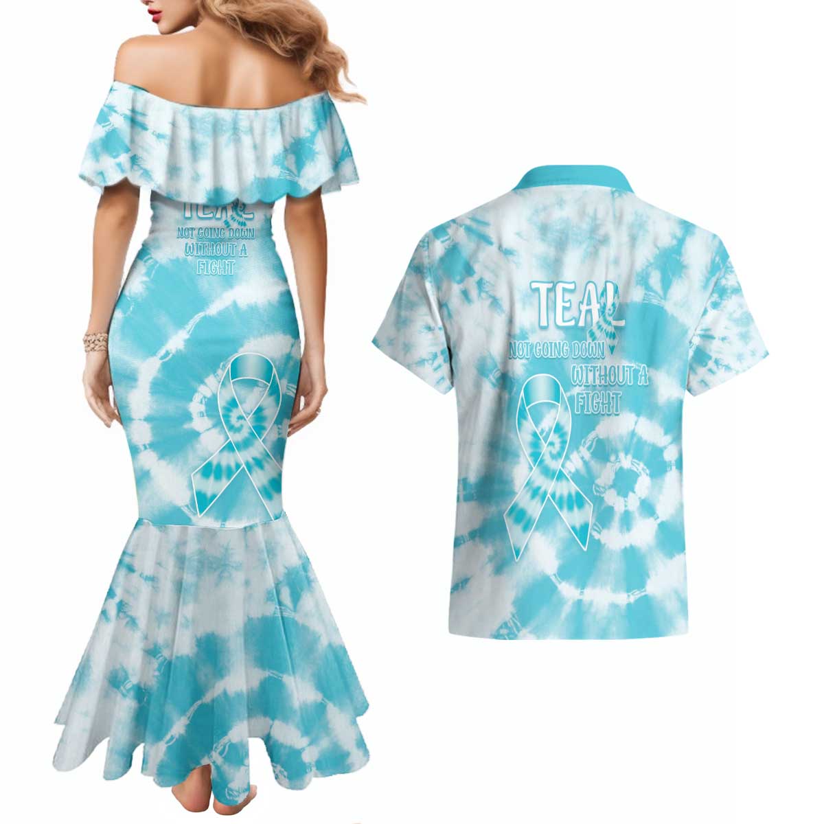 Teal Ribbon Cervical Cancer Awareness Couples Matching Mermaid Dress and Hawaiian Shirt Not Going Down Without A Fight Tie Dye - Wonder Print Shop