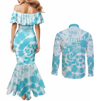 Teal Ribbon Cervical Cancer Awareness Couples Matching Mermaid Dress and Long Sleeve Button Shirt Not Going Down Without A Fight Tie Dye - Wonder Print Shop