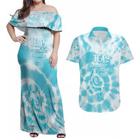 Teal Ribbon Cervical Cancer Awareness Couples Matching Off Shoulder Maxi Dress and Hawaiian Shirt Not Going Down Without A Fight Tie Dye - Wonder Print Shop