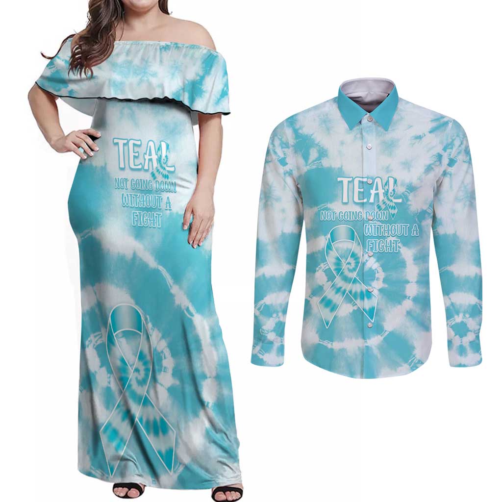 Teal Ribbon Cervical Cancer Awareness Couples Matching Off Shoulder Maxi Dress and Long Sleeve Button Shirt Not Going Down Without A Fight Tie Dye - Wonder Print Shop